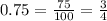 0.75=\frac{75}{100}=\frac{3}{4}