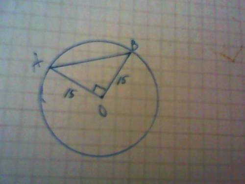 Радиус окружности с центром в точке о равен 15.найти хорду ав,если угол аов = 90°