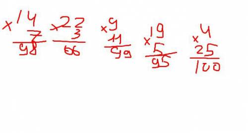 Вычисли с объяснением 7*14, 22*3,9*11,19*5,4*25.