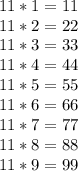 11 *1=11\\11*2=22\\11*3=33\\11*4=44\\11*5=55\\11*6=66\\11*7=77\\11*8=88\\11*9=99