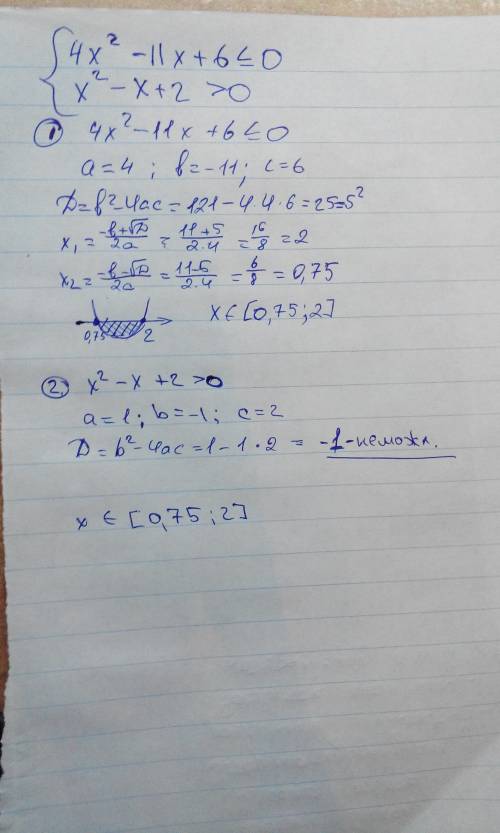 Решите систему неравенств 4x2-11x+6< =0 и x2-x+2> 0