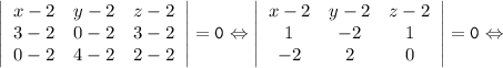 \tt \displaystyle \left|\begin{array}{ccc}x-2&y-2&z-2\\3-2&0-2&3-2\\0-2&4-2&2-2\end{array}\right|=0 \Leftrightarrow \left|\begin{array}{ccc}x-2&y-2&z-2\\1&-2&1\\-2&2&0\end{array}\right|=0 \Leftrightarrow