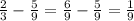 \frac{2}{3} - \frac{5}{9} = \frac{6}{9} - \frac{5}{9} = \frac{1}{9}