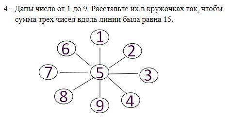 Даны числа от 1 до 9. расставьте их в кружочки так, чтобы сумма трёх чисел вдоль каждой линии была р