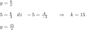 y=\frac{k}{x}\\\\5=\frac{k}{3}\; \; \; ili\; \; \; -5=\frac{k}{-3}\qquad \Rightarrow \quad k=15\\\\y=\frac{15}{x}