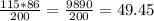 \frac{115*86}{200} = \frac{9890}{200}= 49.45