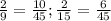 \frac{2}{9} =\frac{10}{45} ; \frac{2}{15} = \frac{6}{45}