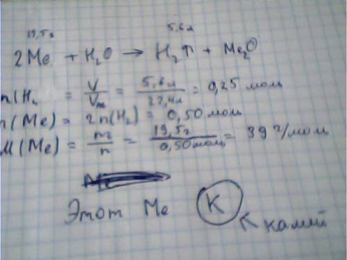 Внаслідок взаємодії з водою одновалентного металу масою 19,5 г виділяється водень обємом 5,6 л(н.у).