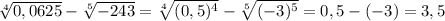 \sqrt[4]{0,0625} -\sqrt[5]{-243}=\sqrt[4]{(0,5)^4}-\sqrt[5]{(-3)^5}=0,5-(-3)=3,5