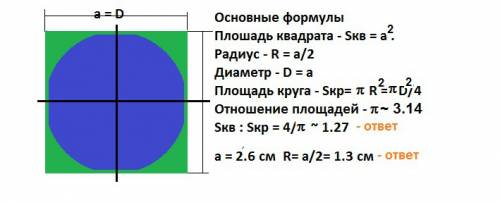 Длина стороны квадрата,равна2,6 равнадлина радиусакруга? во сколько раз площадь квадрата большекруга