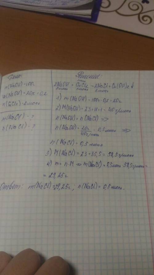 Дано: m(naoh)-100грамм n(naoh)-20% n(cucl2)-2моль найти: m( n(