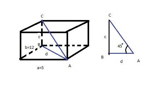 Площадь поверхности прямоугольника параллеепипеда , стороны основания которого 5м и 12м , а диагонал