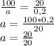 \frac{100}{a} = \frac{20}{0,2} \\ a= \frac{100*0,2}{20} \\ a= \frac{20}{20}