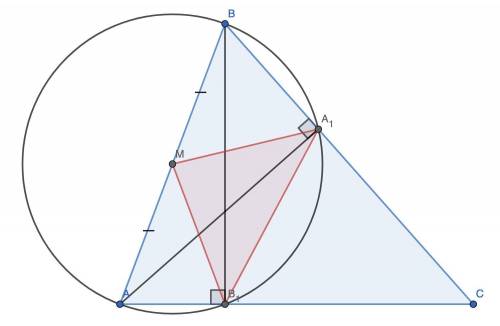Востроугольном треугольнике авс точка м -середина стороны ав, аа1и вв1 -высоты .докажете ,что треуго