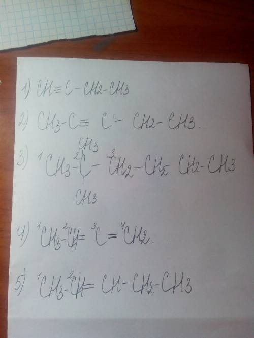 Составить структурную формулы углеводородов: 1. бутин 1 2. пентин 2 3. 2,2 диметилгексан 3 4. бутади