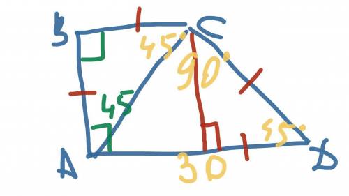 Впрямоугольной трапеции abcd,уголbad-прямой; уголbac=45 градусов; уголbcd=135 градусов; уголad=30 см