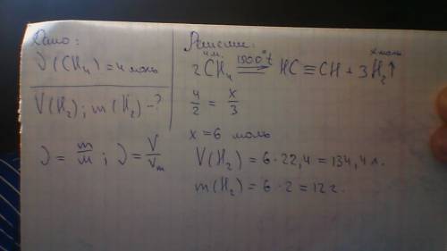 Рассчитать объем и массу выделившегося водорода при неполном разложении метана взятого количесвом 4