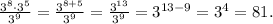 \frac{3^8\cdot3^5}{3^9}=\frac{3^{8+5}}{3^9}=\frac{3^{13}}{3^9}=3^{13-9}=3^4=81.