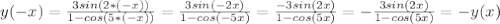 y(-x)=\frac{3sin(2*(-x))}{1-cos(5*(-x))}=\frac{3sin(-2x)}{1-cos(-5x)}=\frac{-3sin(2x)}{1-cos(5x)}=-\frac{3sin(2x)}{1-cos(5x)}=-y(x)