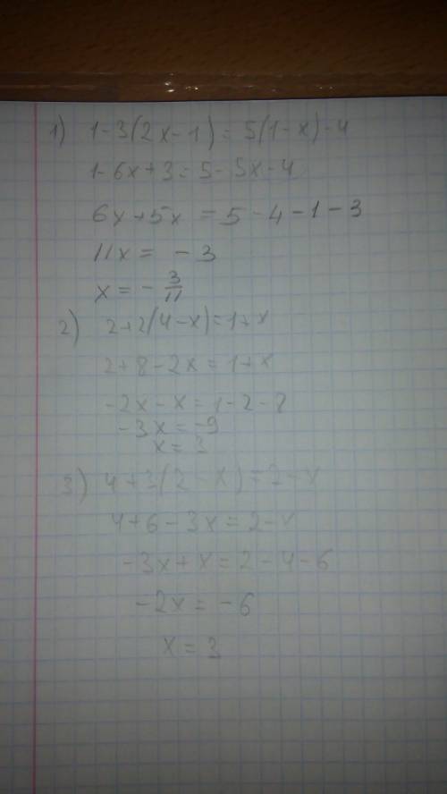 1)1-3(2x-1)=5(1-x)-4 2)2+2(4-x)=1+x 3)4+3(2-x)=2-x