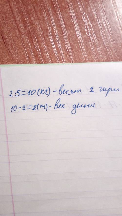 На рисунке 2.15 на левой чаше весов дыня и гиря массой 2кг, а на правой чаше две гири по 5кг. нужно