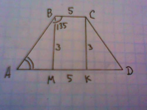 Вравнобедренной трапеции abcd меньшее основание bc равно 5 см, угол abc=135 градусов,высота трапеции