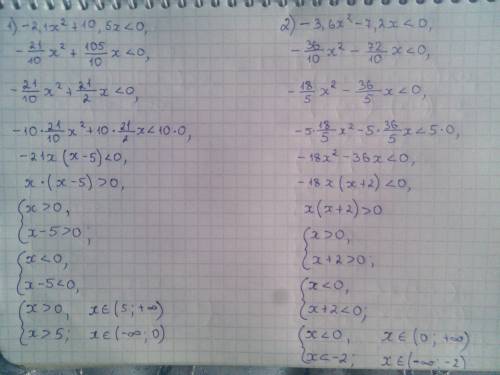 Решить квадратное неравенство: 1)-2,1х²+10,5х< 0 2)-3,6х²-7,2х< 0