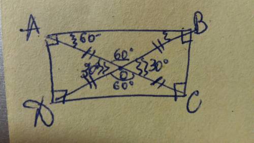 Впрямоугольнике abc,o-точка пересечения диагоналей.угол boc равен 60 градусов.найдите угол bac