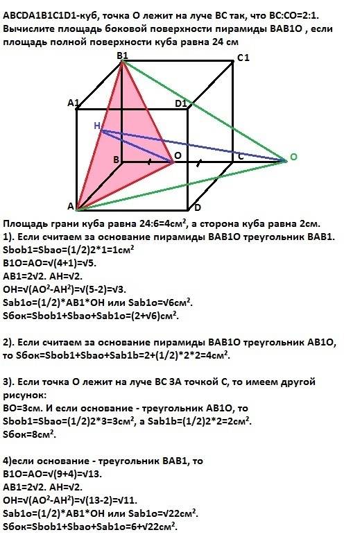 Abcda1b1c1d1-куб, точка o лежит на луче bc так, что bc: co=2: 1. вычислите площадь боковой поверхнос