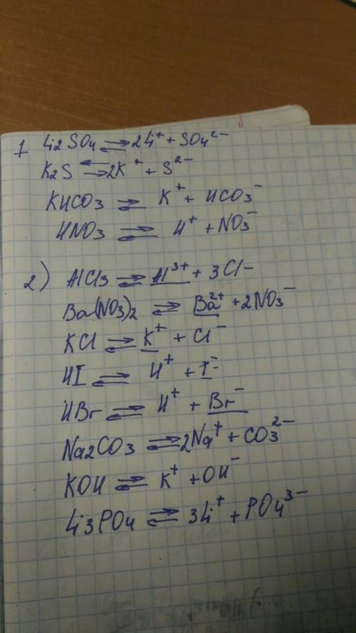 1)напишите уравнения процессов диссоциации следующих веществ: li2so4- k2s- khco3- fe(oh)2ci- hno3- 2
