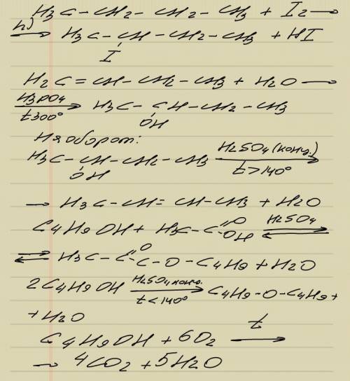Уравнять. хоть что нибудь, c4h10 = c4h9i(йод) c4h8 = cuh9oh (и наоборот) cuh9oh = h3c - c = (двойная
