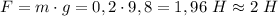 F=m\cdot g=0,2\cdot 9,8=1,96 \ H \approx 2 \ H