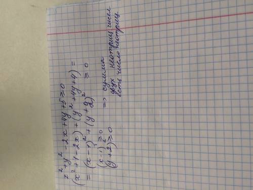 Докажите справедливость неравенства: а) x^2+y^2-2x+4y+5 больше или равно 0