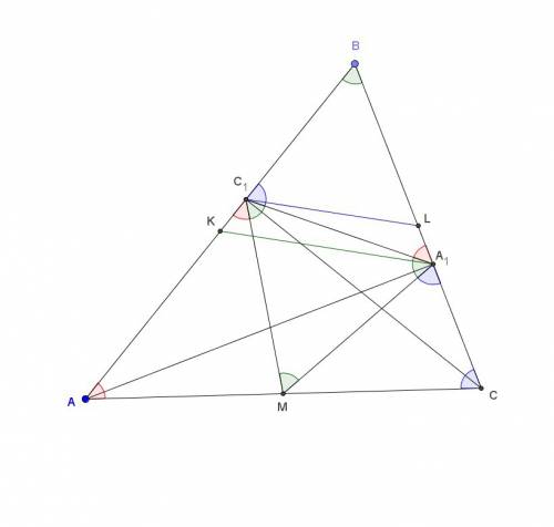 Пусть аа1 и сс1 высоты остроугольного неравнобедренного треугольника аbс,а к, l, m середины сторон a
