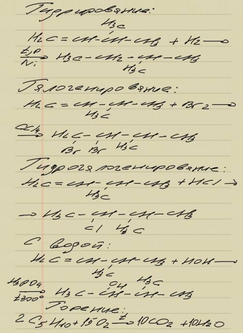 Дан 3-метилбутен-1 написать реакции: гидрование,галогенирования,гидрогалогенирования,реакция с водой