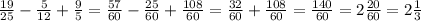 \frac{19}{25}- \frac{5}{12}+ \frac{9}{5}= \frac{57}{60}- \frac{25}{60}+ \frac{108}{60}= \frac{32}{60}+ \frac{108}{60}= \frac{140}{60}= 2\frac{20}{60}= 2\frac{1}{3}