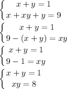 \displaystyle \left \{ {{x+y=1} \atop {x+xy+y=9}} \right. \\\\\left \{ {{x+y=1} \atop {9-(x+y)=xy}} \right.\\\\\left \{ {{x+y=1} \atop {9-1=xy}} \right. \\\\\left \{ {{x+y=1} \atop {xy=8}} \right.