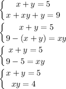 \displaystyle \left \{ {{x+y=5} \atop {x+xy+y=9}} \right. \\\\\left \{ {{x+y=5} \atop {9-(x+y)=xy}} \right.\\\\\left \{ {{x+y=5} \atop {9-5=xy}} \right. \\\\\left \{ {{x+y=5} \atop {xy=4}} \right.