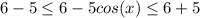 6-5 \leq 6-5cos(x) \leq 6+5