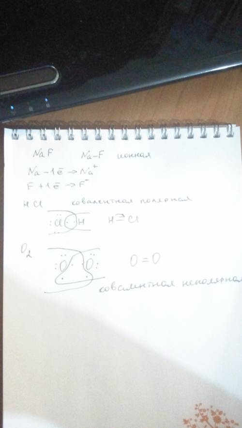 Определите виды связи в молекуле : naf, h cl, o2 напишите схемы образования связи в этих молекулах !