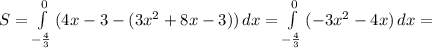 S= \int\limits^0_{- \frac{4}{3} } {(4x-3-(3x^2+8x-3))} \, dx = \int\limits^0_{- \frac{4}{3} }{(-3x^2-4x)} \, dx =