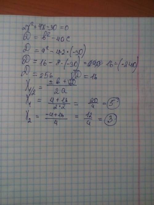 ﻿разложите на множители квадратичного тречхчлена на множители 2x²+4x-30=0