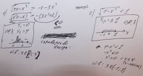 Заранее решить неравенство 1)√4x-x²> -2-3x² 2√1-x²< 1