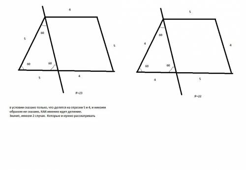 Угол при основании равносторонней трапеции равен 60 градусов. прямая, проходящая через вершину тупог