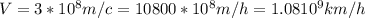 V=3* 10^{8}m/c=10800* 10^{8}m/h =1.08 10^{9}km/h