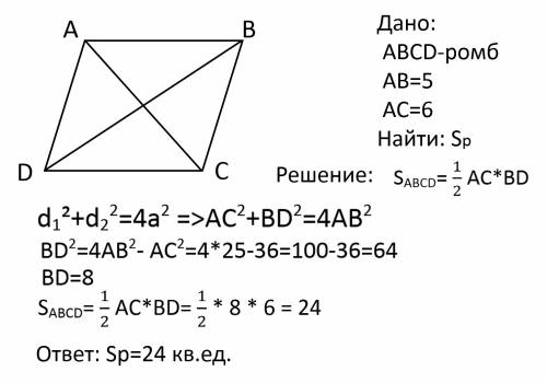 Сторона ромба равна 5, а диагональ равна 6. найдите площадь ромба.