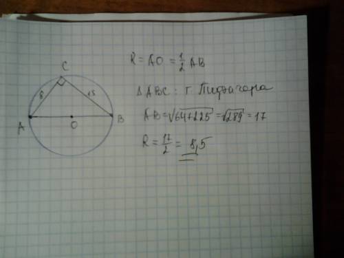 Втреугольнике авс известно, что ас=8, вс=15, угол с равен 90°. найдите радиус описанной около этого