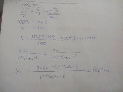 Какой объём оксида углерода 2 получится при сгорании 1 кг угля содержащего 10% примесей