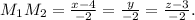 M_1M_2= \frac{x-4}{-2}= \frac{y}{-2}= \frac{z-3}{-2}.