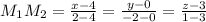 M_1M_2= \frac{x-4}{2-4} = \frac{y-0}{-2-0}= \frac{z-3}{1-3}